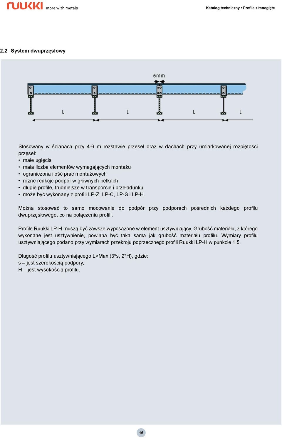 Można stosować to samo mocowanie do podpór przy podporach pośrednich każdego profilu dwuprzęsłowego, co na połączeniu profili. Profile Ruukki LP-H muszą być zawsze wyposażone w element usztywniający.