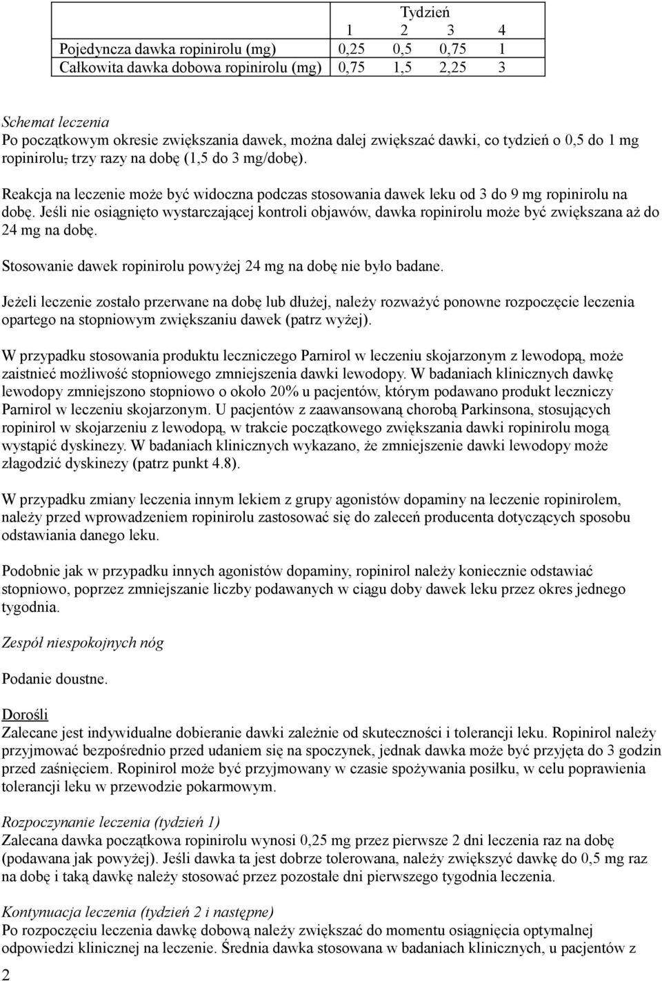 Jeśli nie osiągnięto wystarczającej kontroli objawów, dawka ropinirolu może być zwiększana aż do 24 mg na dobę. Stosowanie dawek ropinirolu powyżej 24 mg na dobę nie było badane.