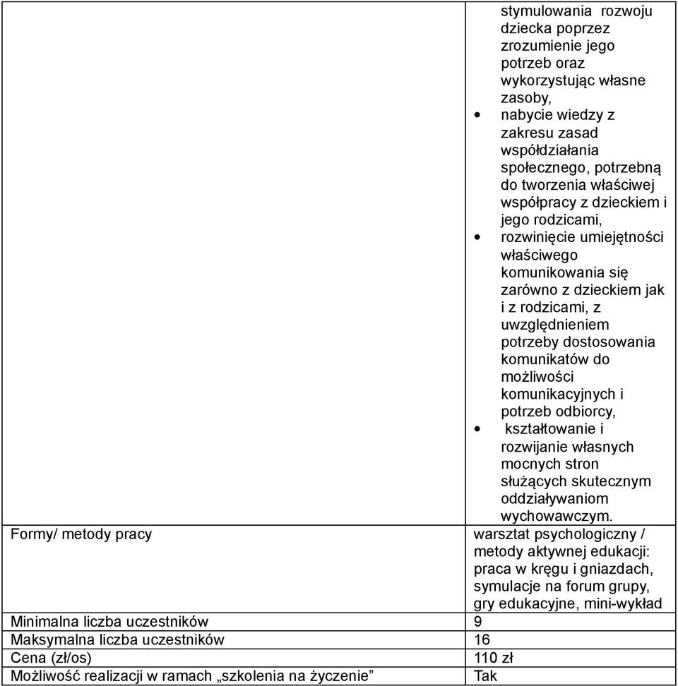 możliwości komunikacyjnych i potrzeb odbiorcy, kształtowanie i rozwijanie własnych mocnych stron służących skutecznym oddziaływaniom wychowawczym.