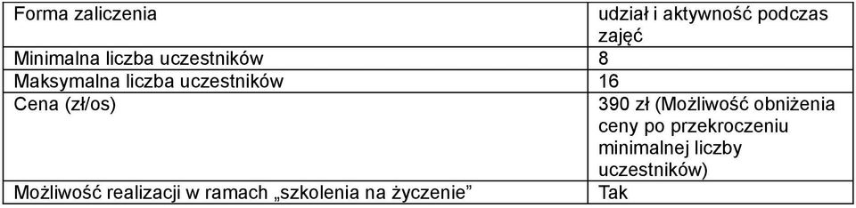 uczestników 16 Cena (zł/os) 390 zł (Możliwość