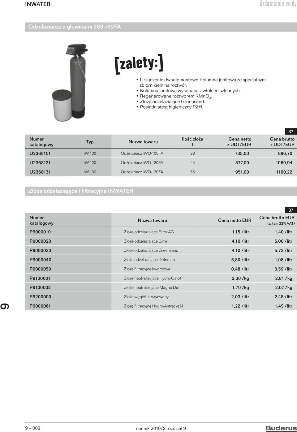Typ Nazwa towaru Ilość złoża l Cena netto z UDT/EUR Cena brutto z UDT/EUR U2368101 IW 100 Odżelaziacz IWO-100FA 28 735,00 86,70 U2368121 IW 120 Odżelaziacz IWO-120FA 44 877,00 106,4 U2368131 IW 130