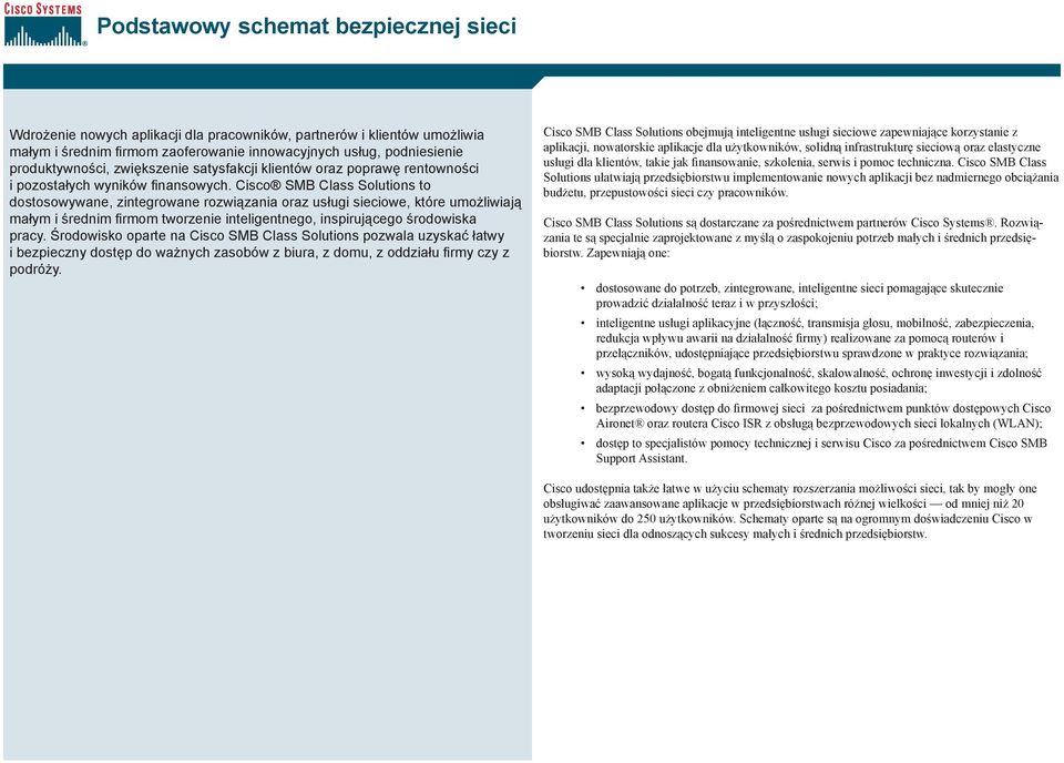 Cisco SMB Class Solutions to dostosowywane, zintegrowane rozwiązania oraz usługi sieciowe, które umożliwiają małym i średnim firmom tworzenie inteligentnego, inspirującego środowiska pracy.