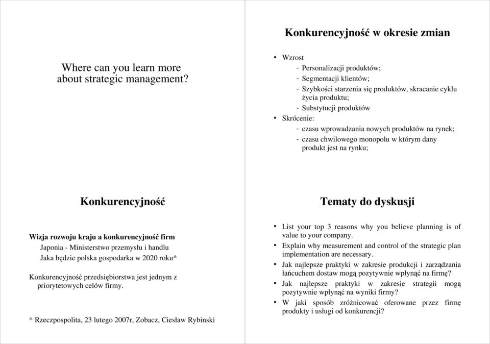 produktów na rynek; - czasu chwilowego monopolu w którym dany produkt jest na rynku; Konkurencyjność Tematy do dyskusji Wizja rozwoju kraju a konkurencyjność firm Japonia - Ministerstwo przemysłu i