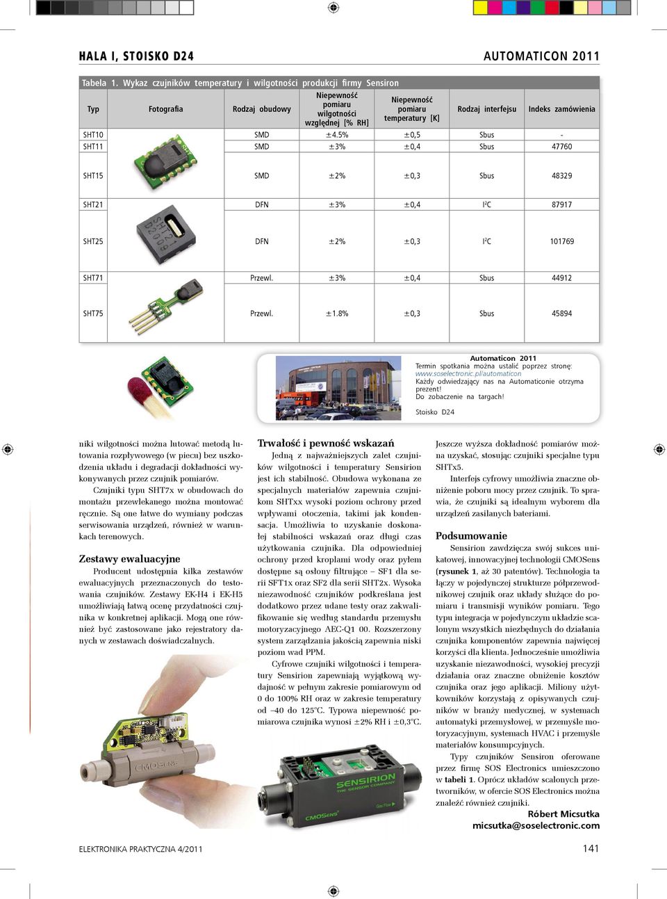 Indeks zamówienia SHT10 SMD ±4.5% ±0,5 Sbus - SHT11 SMD ±3% ±0,4 Sbus 47760 SHT15 SMD ±2% ±0,3 Sbus 48329 SHT21 DFN ±3% ±0,4 I 2 C 87917 SHT25 DFN ±2% ±0,3 I 2 C 101769 SHT71 Przewl.