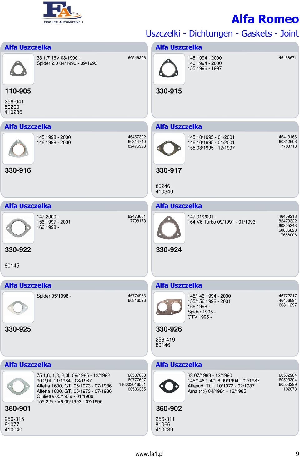 Alfa Uszczelka 145 1998-2000 146 1998-2000 46467322 60814740 82476928 145 10/1995-01/2001 146 10/1995-01/2001 155 03/1995-12/1997 46413166 60812603 7783718 330-916 330-917 80246 410340 Alfa Uszczelka