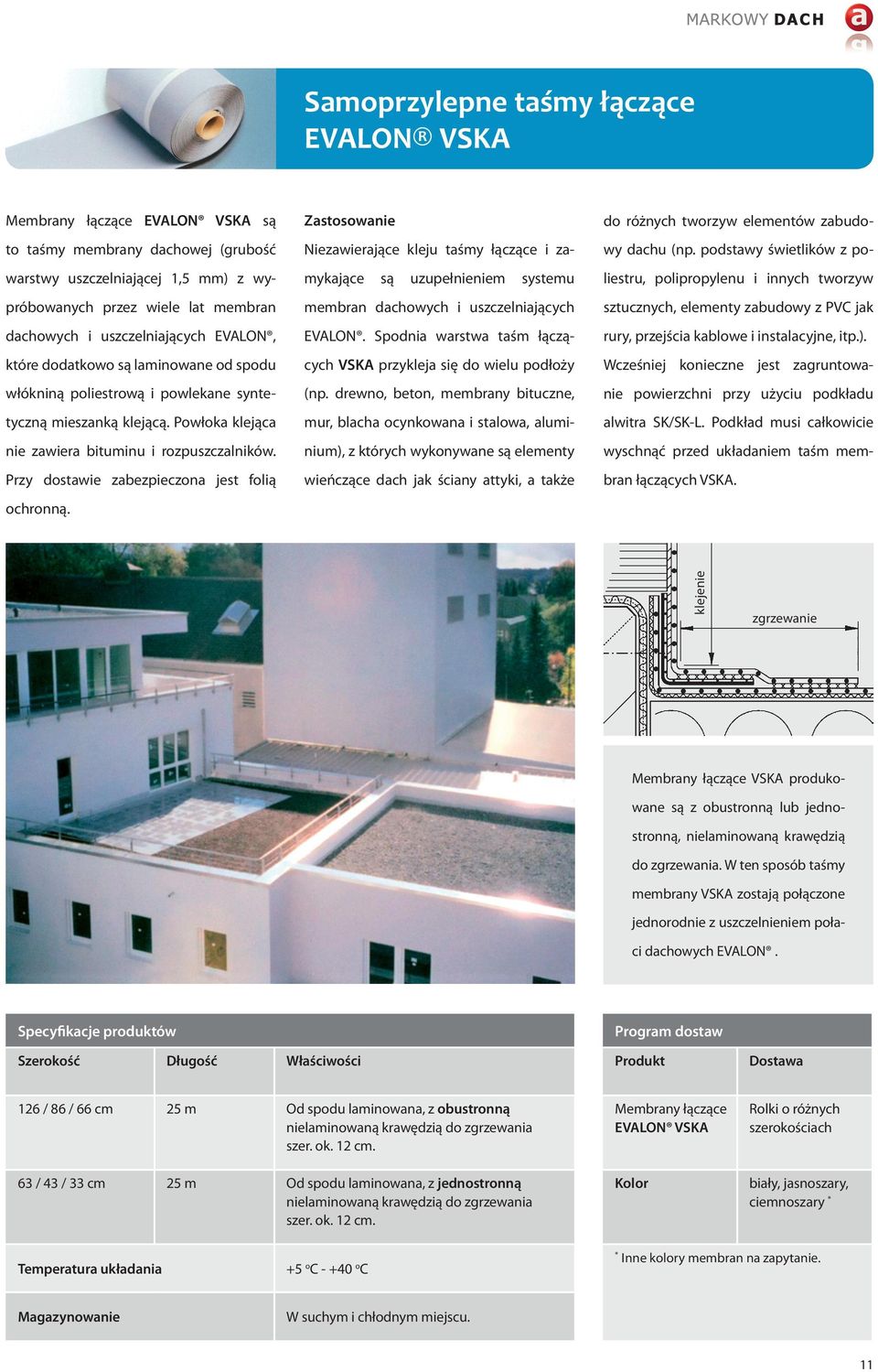 Przy dostawie zabezpieczona jest folią ochronną. Zastosowanie Niezawierające kleju taśmy łączące i zamykające są uzupełnieniem systemu membran dachowych i uszczelniających EVALON.