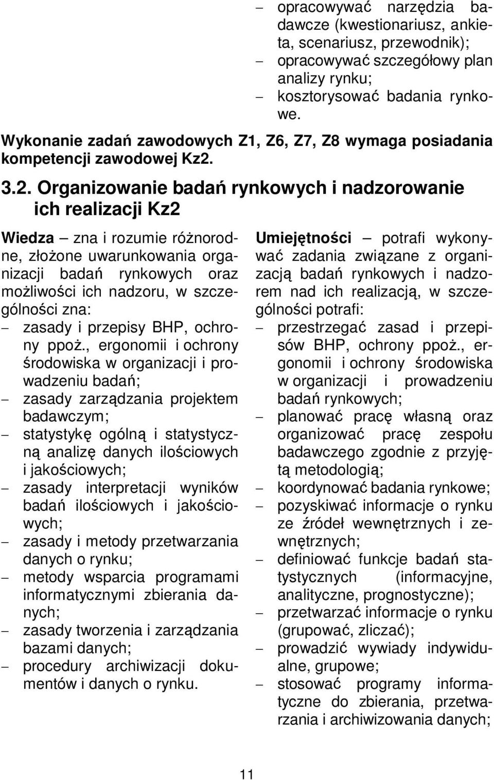 3.2. Organizowanie badań rynkowych i nadzorowanie ich realizacji Kz2 Wiedza zna i rozumie różnorodne, złożone uwarunkowania organizacji badań rynkowych oraz możliwości ich nadzoru, w szczególności