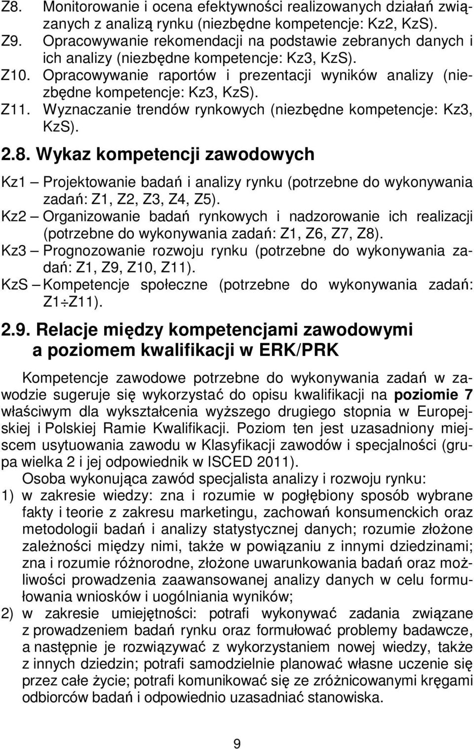 Z11. Wyznaczanie trendów rynkowych (niezbędne kompetencje: Kz3, KzS). 2.8. Wykaz kompetencji zawodowych Kz1 Projektowanie badań i analizy rynku (potrzebne do wykonywania zadań: Z1, Z2, Z3, Z4, Z5).