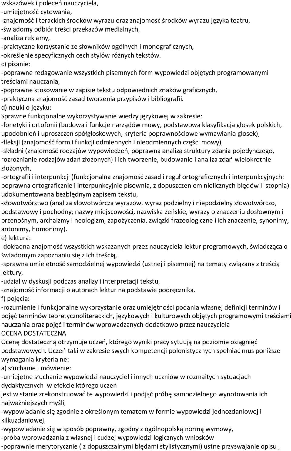 -poprawne redagowanie wszystkich pisemnych form wypowiedzi objętych programowanymi treściami nauczania, -poprawne stosowanie w zapisie tekstu odpowiednich znaków graficznych, -praktyczna znajomość