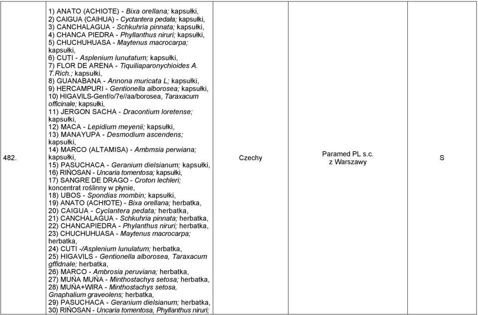 ; kapsułki, 8) GUANABANA - Annona muricata L; kapsułki, 9) HERCAMPURI - Gentionella alborosea; kapsułki, 10) HIGAVIL-Genf/o/7e//aa/borosea, Taraxacum officinale; kapsułki, 11) JERGON ACHA -