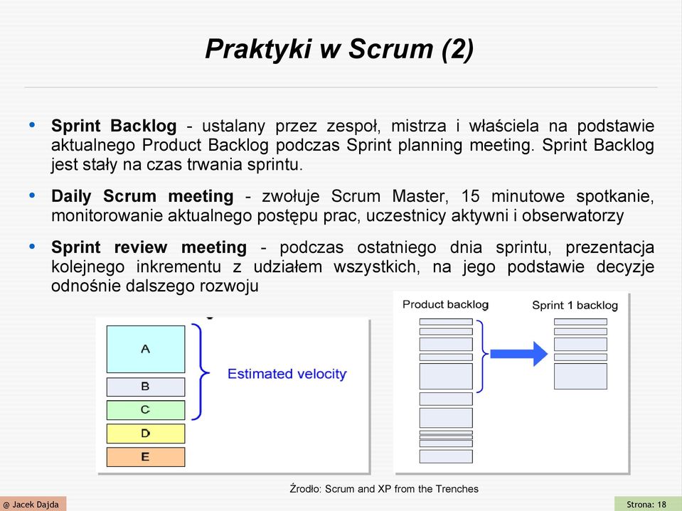 Daily Scrum meeting - zwołuje Scrum Master, 15 minutowe spotkanie, monitorowanie aktualnego postępu prac, uczestnicy aktywni i obserwatorzy