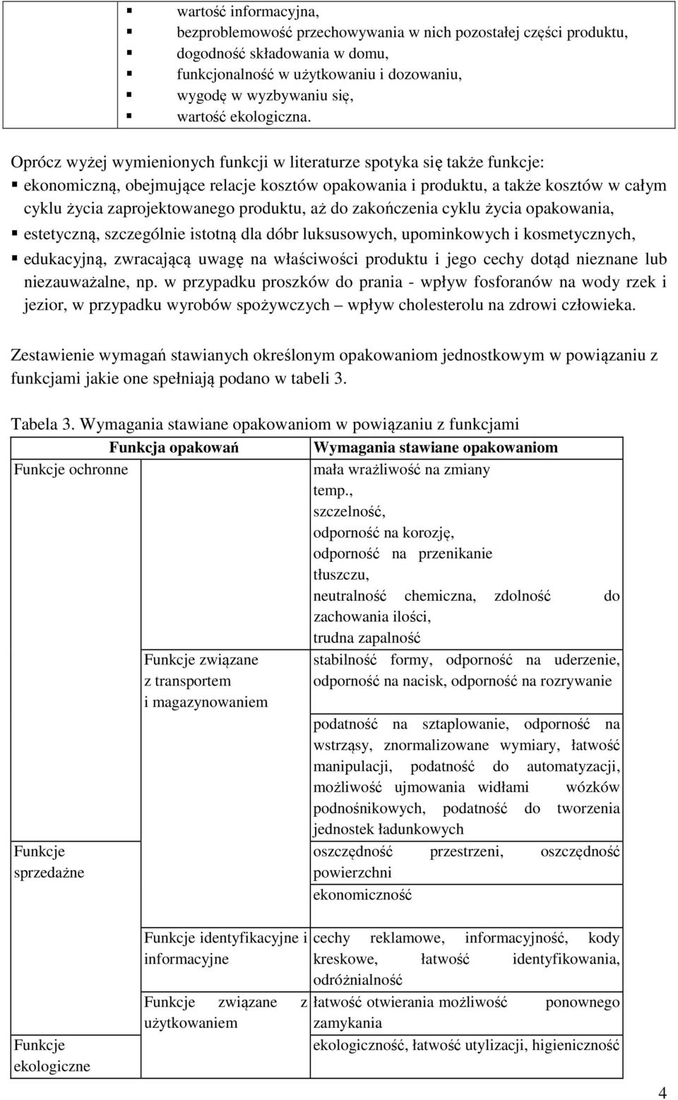 Oprócz wyżej wymienionych funkcji w literaturze spotyka się także funkcje: ekonomiczną, obejmujące relacje kosztów opakowania i produktu, a także kosztów w całym cyklu życia zaprojektowanego