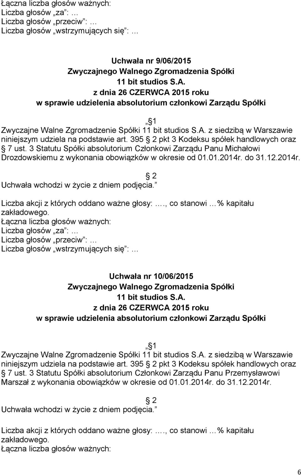 2014r. Uchwała nr 10/06/2015 w sprawie udzielenia absolutorium członkowi Zarządu Spółki Zwyczajne Walne Zgromadzenie Spółki z siedzibą w Warszawie niniejszym udziela na podstawie art.