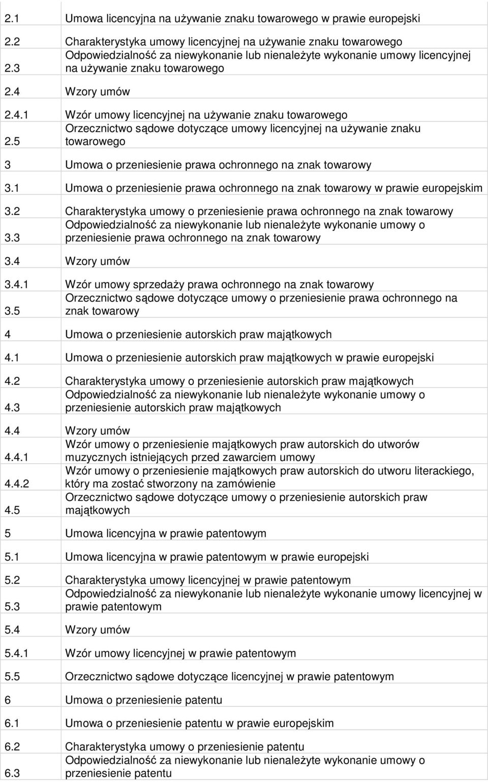 Wzory umów 2.4.1 Wzór umowy licencyjnej na uŝywanie znaku towarowego Orzecznictwo sądowe dotyczące umowy licencyjnej na uŝywanie znaku 2.