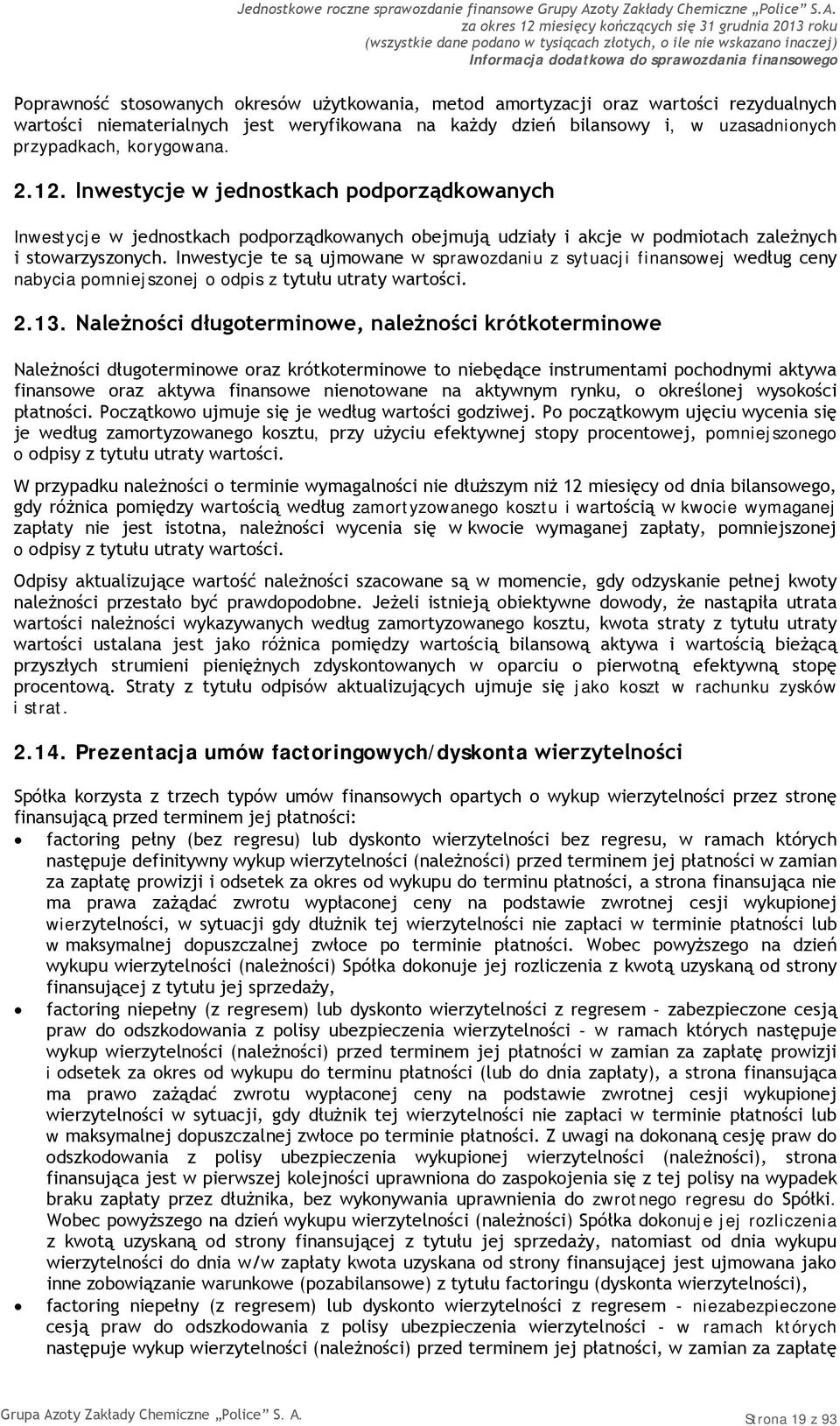 Inwestycje te są ujmowane w sprawozdaniu z sytuacji finansowej według ceny nabycia pomniejszonej o odpis z tytułu utraty wartości. 2.13.