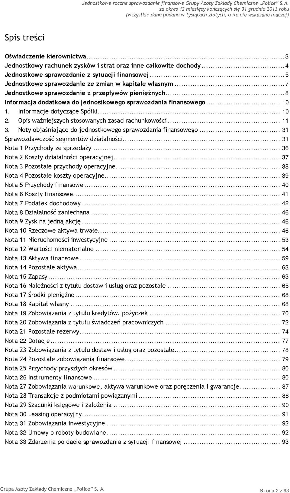 Informacje dotyczące Spółki... 10 2. Opis ważniejszych stosowanych zasad rachunkowości... 11 3. Noty objaśniające do jednostkowego sprawozdania finansowego... 31 Sprawozdawczość segmentów działalności.