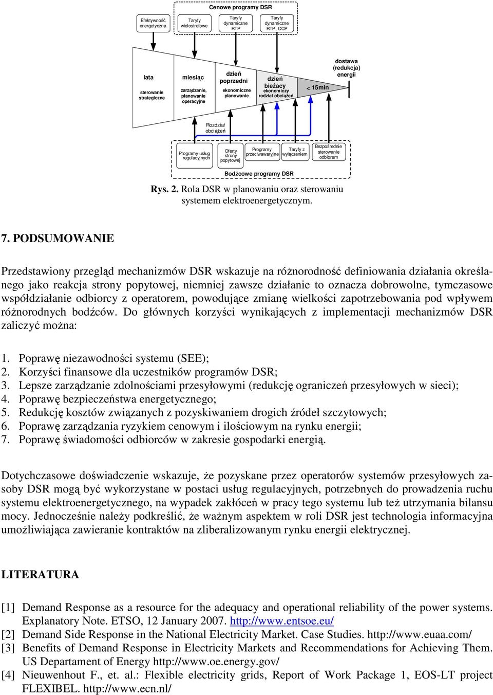 przeciwawaryjne Bodźcowe programy DSR Taryfy z wyłączeniem Bezpośrednie sterowanie odbiorem Rys. 2. Rola DSR w planowaniu oraz sterowaniu systemem elektroenergetycznym. 7.