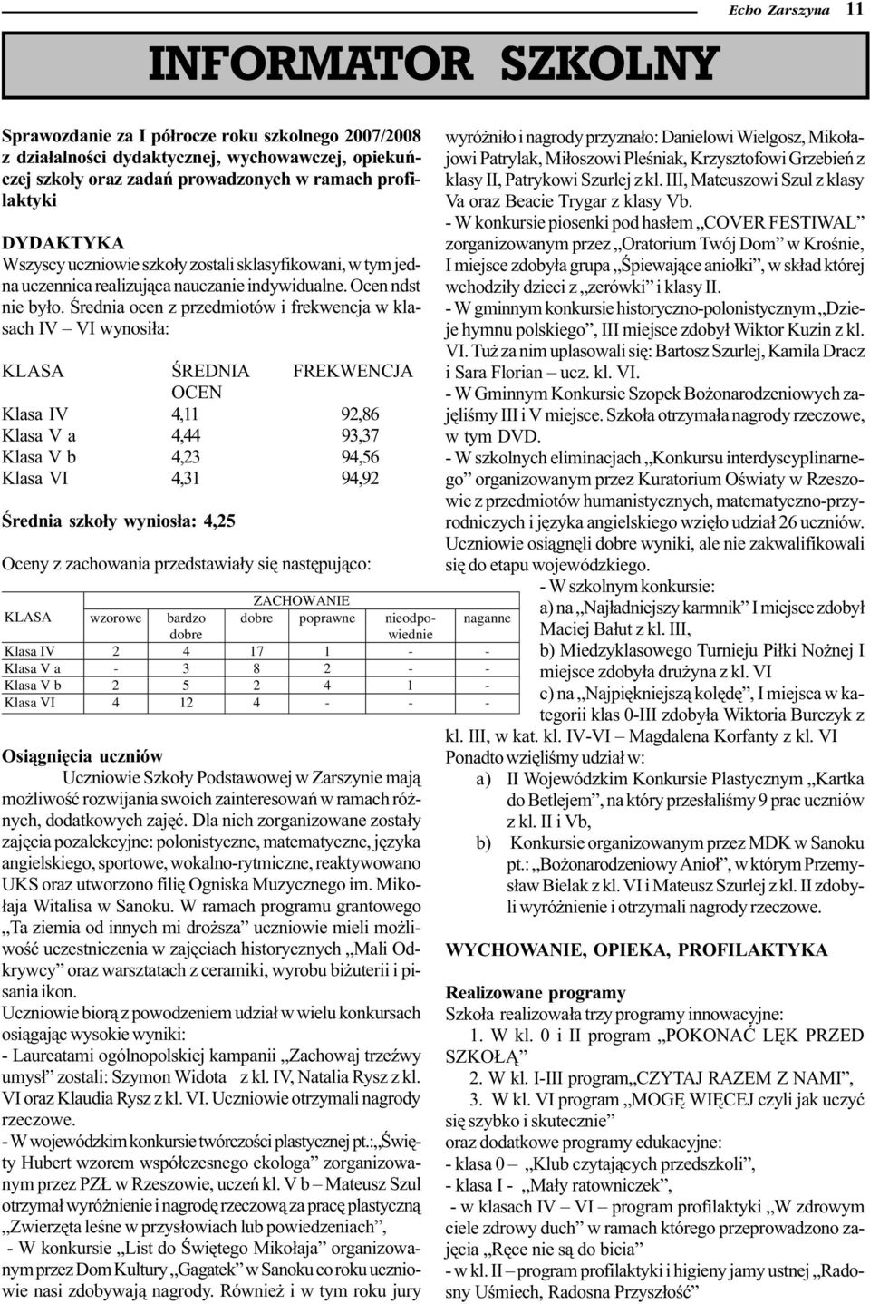 Œrednia ocen z przedmiotów i frekwencja w klasach IV VI wynosi³a: KLASA ŒREDNIA FREKWENCJA OCEN Klasa IV 4,11 92,86 Klasa V a 4,44 93,37 Klasa V b 4,23 94,56 Klasa VI 4,31 94,92 Œrednia szko³y