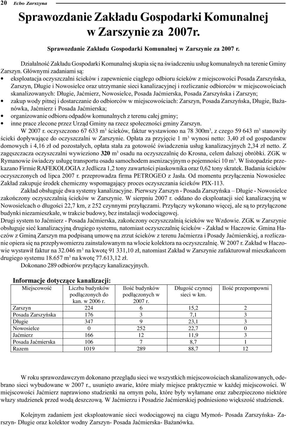 G³ównymi zadaniami s¹: eksploatacja oczyszczalni œcieków i zapewnienie ci¹g³ego odbioru œcieków z miejscowoœci Posada Zarszyñska, Zarszyn, D³ugie i Nowosielce oraz utrzymanie sieci kanalizacyjnej i