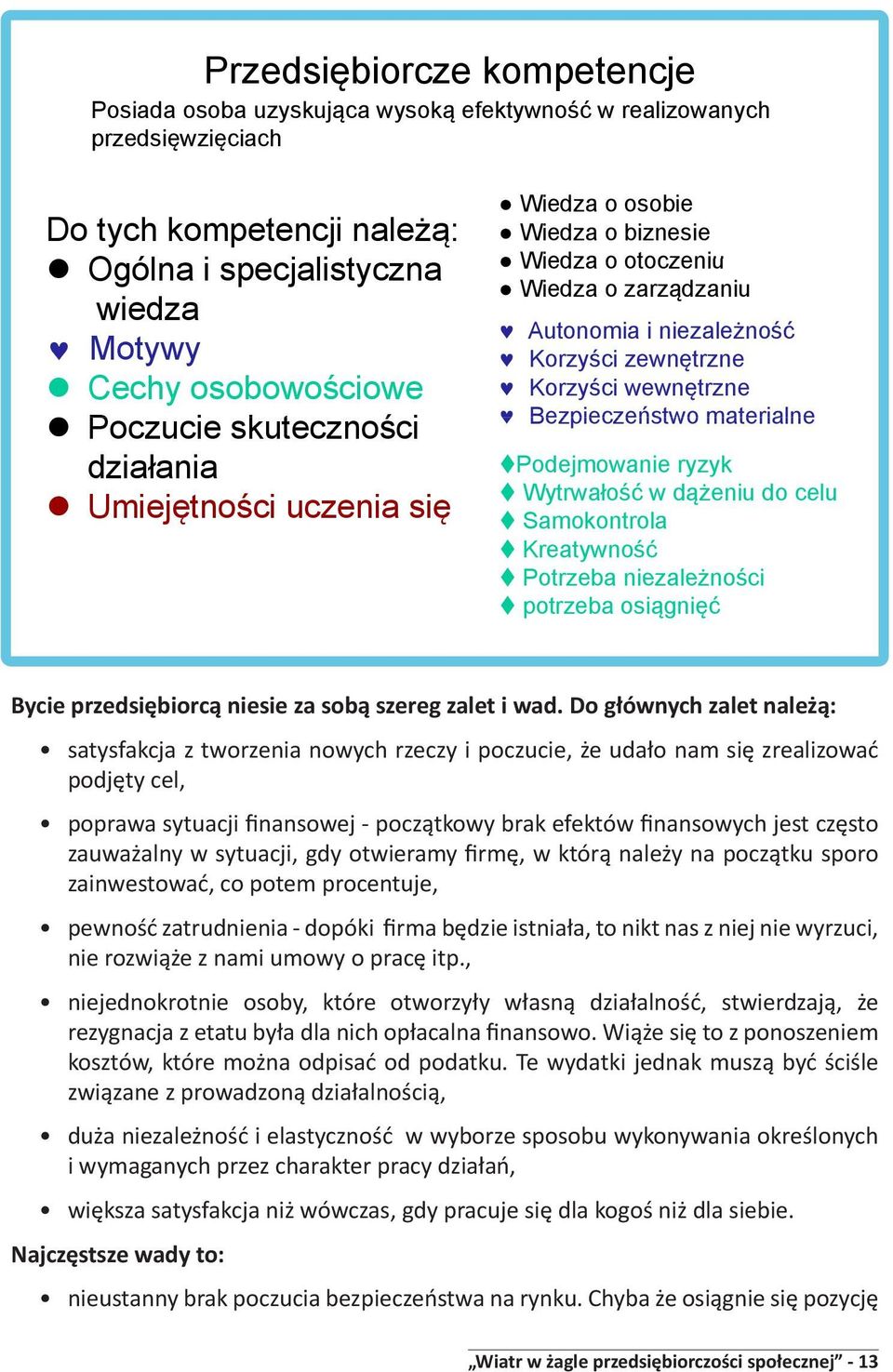 wewnętrzne Bezpieczeństwo materialne Podejmowanie ryzyk Wytrwałość w dążeniu do celu Samokontrola Kreatywność Potrzeba niezależności potrzeba osiągnięć Bycie przedsiębiorcą niesie za sobą szereg