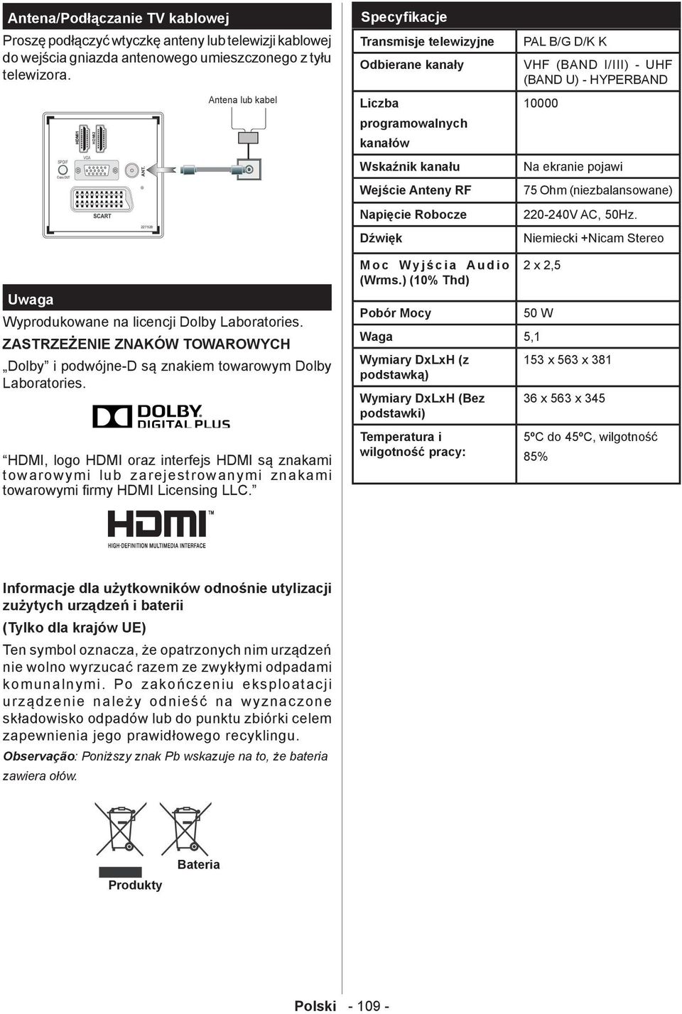 (BAND I/III) - UHF (BAND U) - HYPERBAND 10000 Na ekranie pojawi 75 Ohm (niezbalansowane) 220-240V AC, 50Hz. Niemiecki +Nicam Stereo Uwaga Wyprodukowane na licencji Dolby Laboratories.