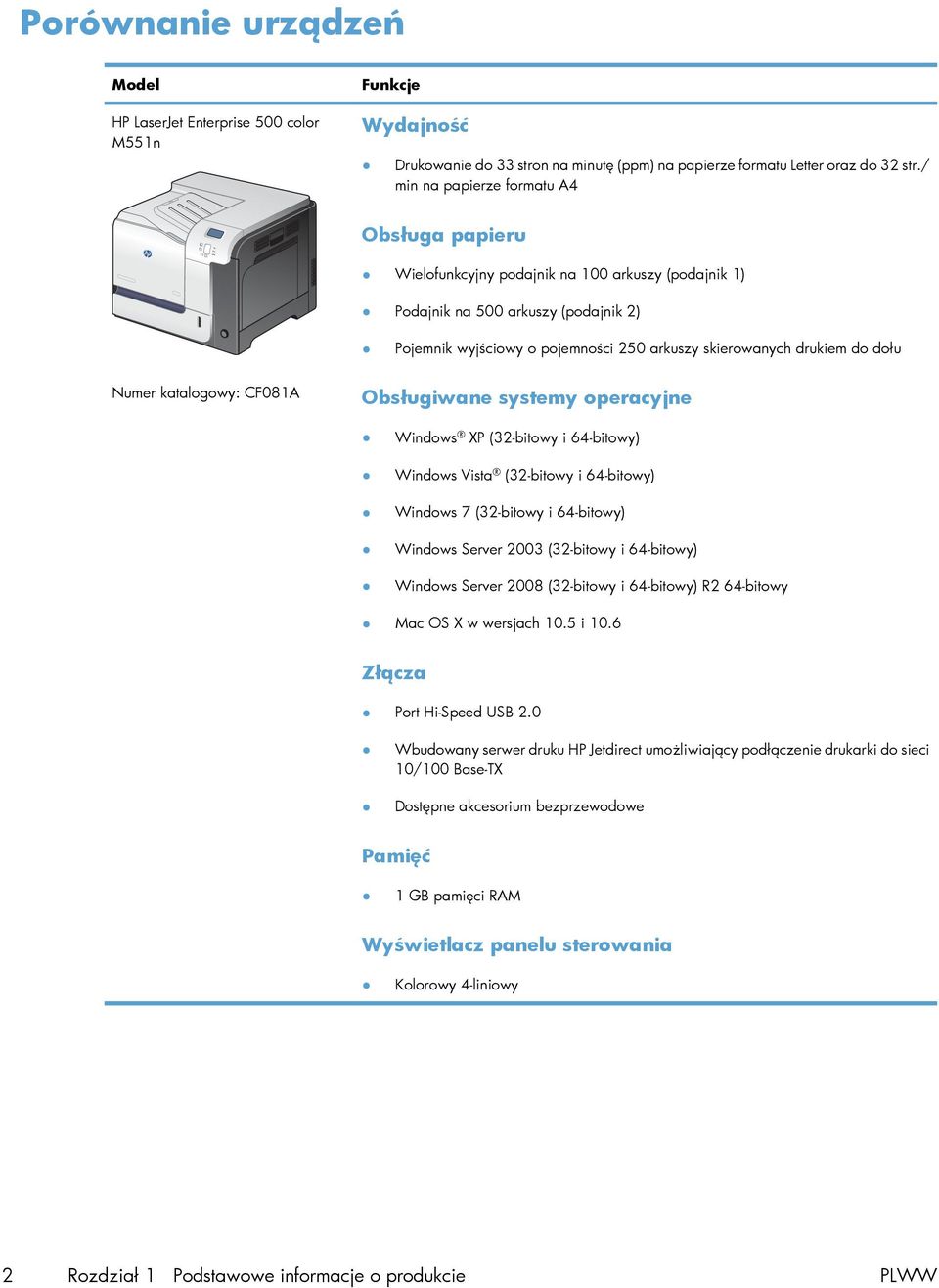 do dołu Numer katalogowy: CF081A Obsługiwane systemy operacyjne Windows XP (32-bitowy i 64-bitowy) Windows Vista (32-bitowy i 64-bitowy) Windows 7 (32-bitowy i 64-bitowy) Windows Server 2003