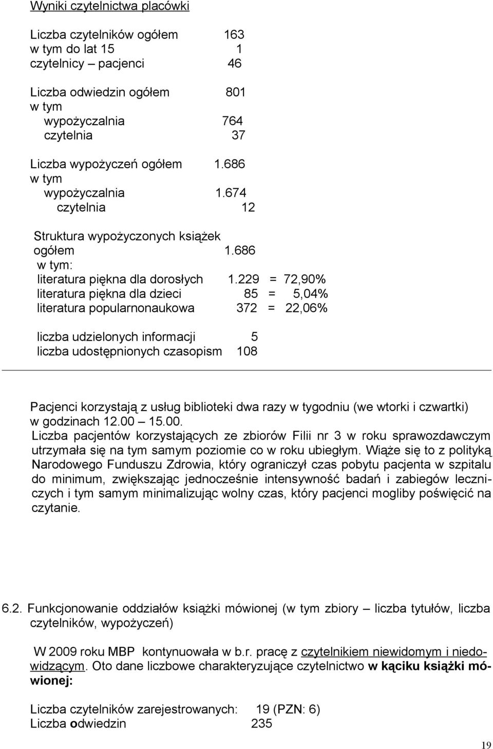 229 = 72,90% literatura piękna dla dzieci 85 = 5,04% literatura popularnonaukowa 372 = 22,06% liczba udzielonych informacji 5 liczba udostępnionych czasopism 108 Pacjenci korzystają z usług