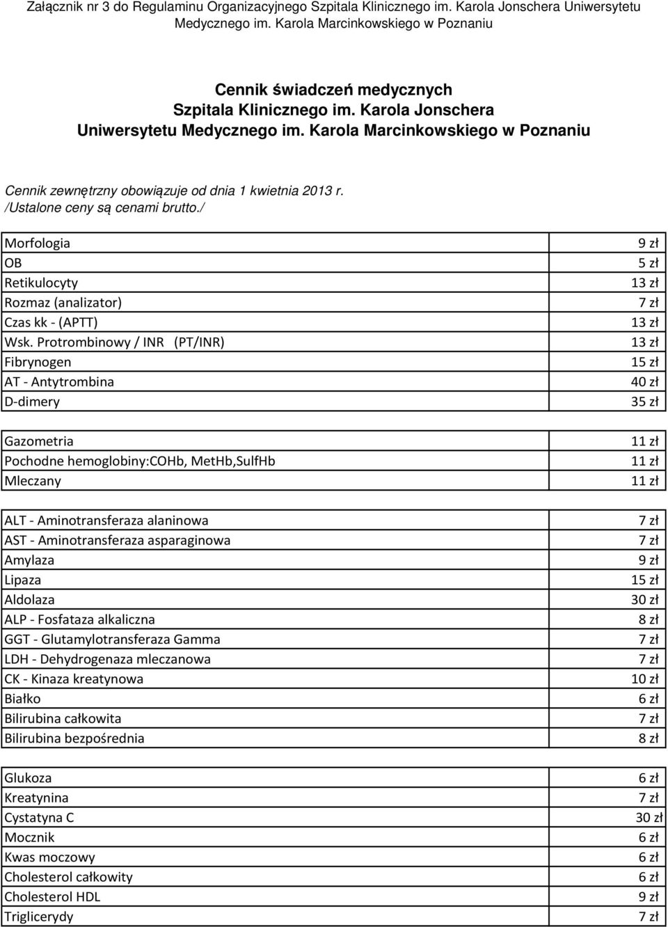 Karola Marcinkowskiego w Poznaniu Cennik zewnętrzny obowiązuje od dnia 1 kwietnia 2013 r. /Ustalone ceny są cenami brutto./ Morfologia OB Retikulocyty Rozmaz (analizator) Czas kk - (APTT) Wsk.