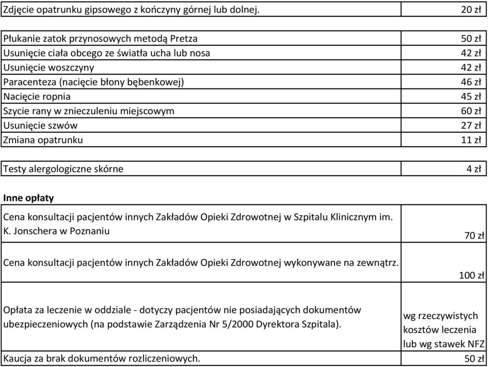 miejscowym Usunięcie szwów Zmiana opatrunku Testy alergologiczne skórne Inne opłaty Cena konsultacji pacjentów innych Zakładów Opieki Zdrowotnej w Szpitalu Kl