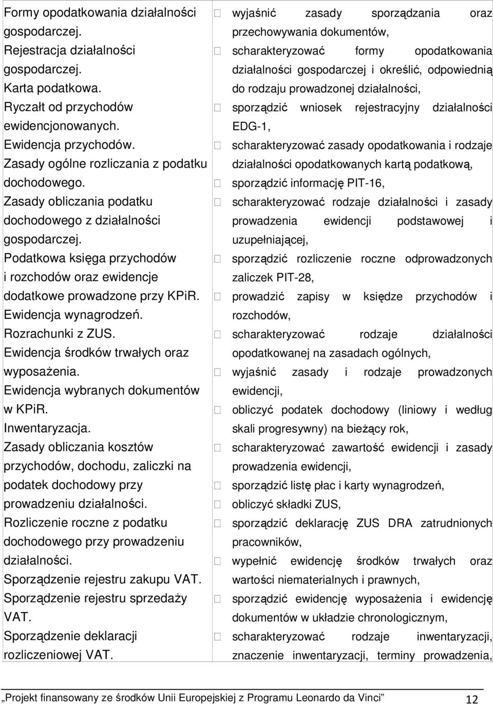 Podatkowa księga przychodów i rozchodów oraz ewidencje dodatkowe prowadzone przy KPiR. Ewidencja wynagrodzeń. Rozrachunki z ZUS. Ewidencja środków trwałych oraz wyposażenia.