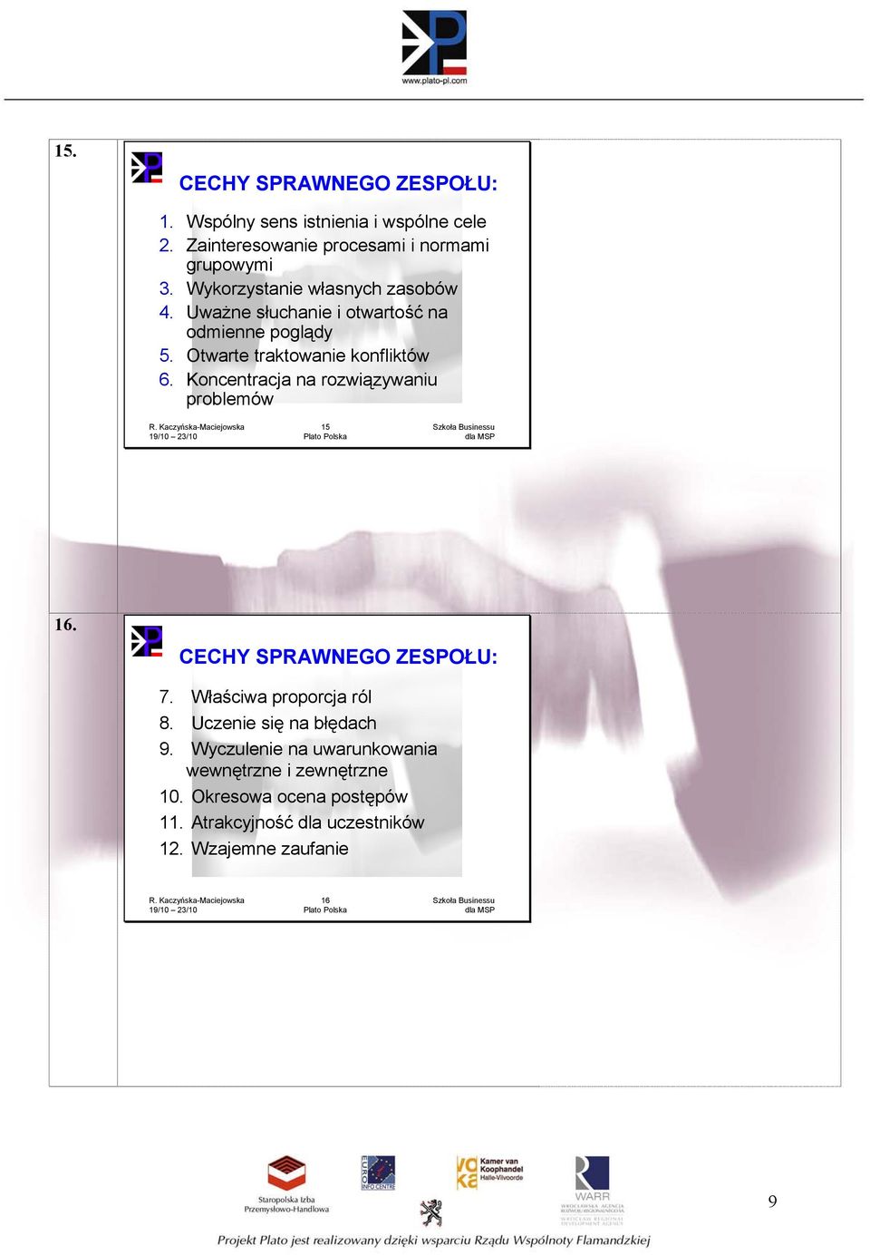 Koncentracja na rozwiązywaniu problemów 15 Szkoła Businessu dla MSP 16. CECHY SPRAWNEGO ZESPOŁU: 7. Właściwa proporcja ról 8.