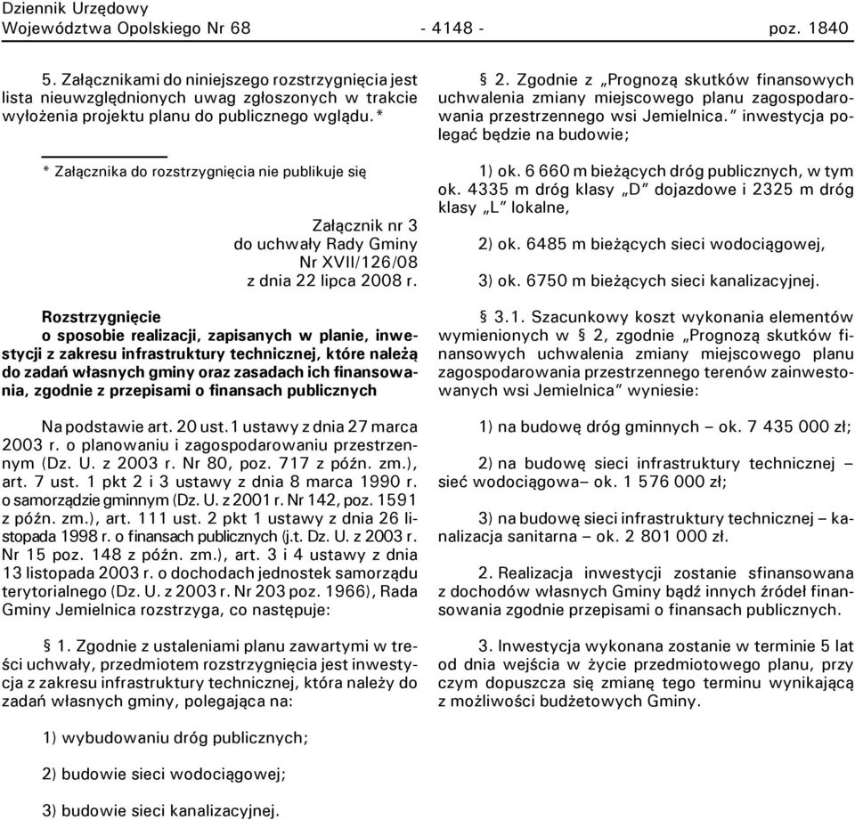 Rozstrzygnięcie o sposobie realizacji, zapisanych w planie, inwestycji z zakresu infrastruktury technicznej, które należą do zadań własnych gminy oraz zasadach ich finansowania, zgodnie z przepisami