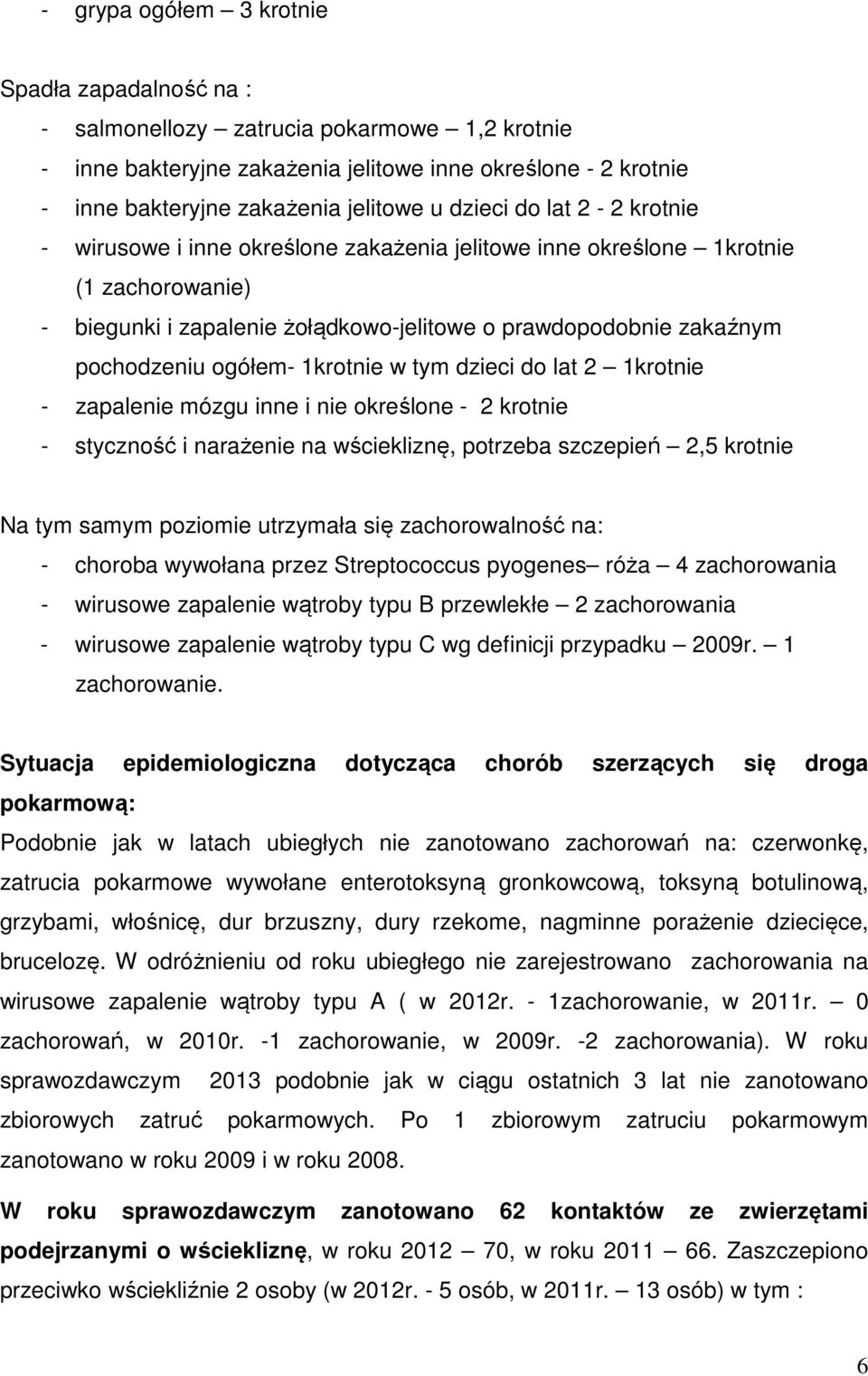 ogółem- 1krotnie w tym dzieci do lat 2 1krotnie - zapalenie mózgu inne i nie określone - 2 krotnie - styczność i narażenie na wściekliznę, potrzeba szczepień 2,5 krotnie Na tym samym poziomie