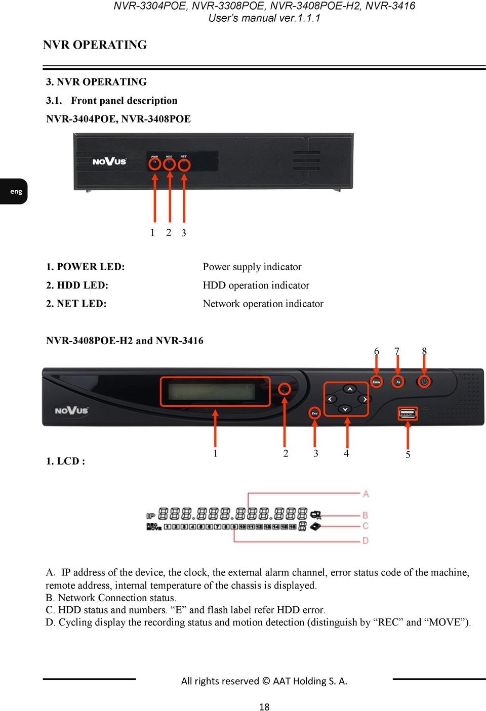 IP address of the device, the clock, the external alarm channel, error status code of the machine, remote address, internal temperature of the chassis is displayed. B.