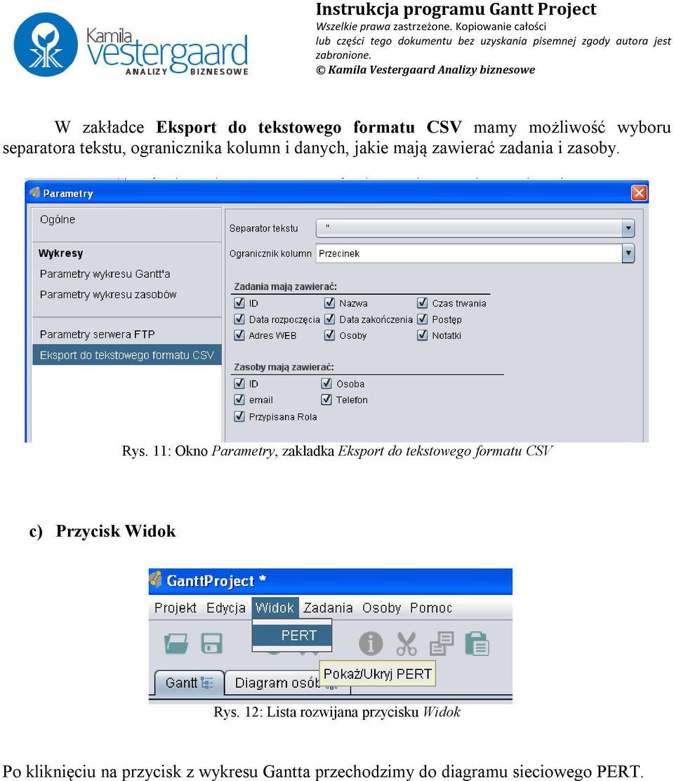 11: Okno Parametry, zakładka Eksport do tekstowego formatu CSV c) Przycisk Widok Rys.