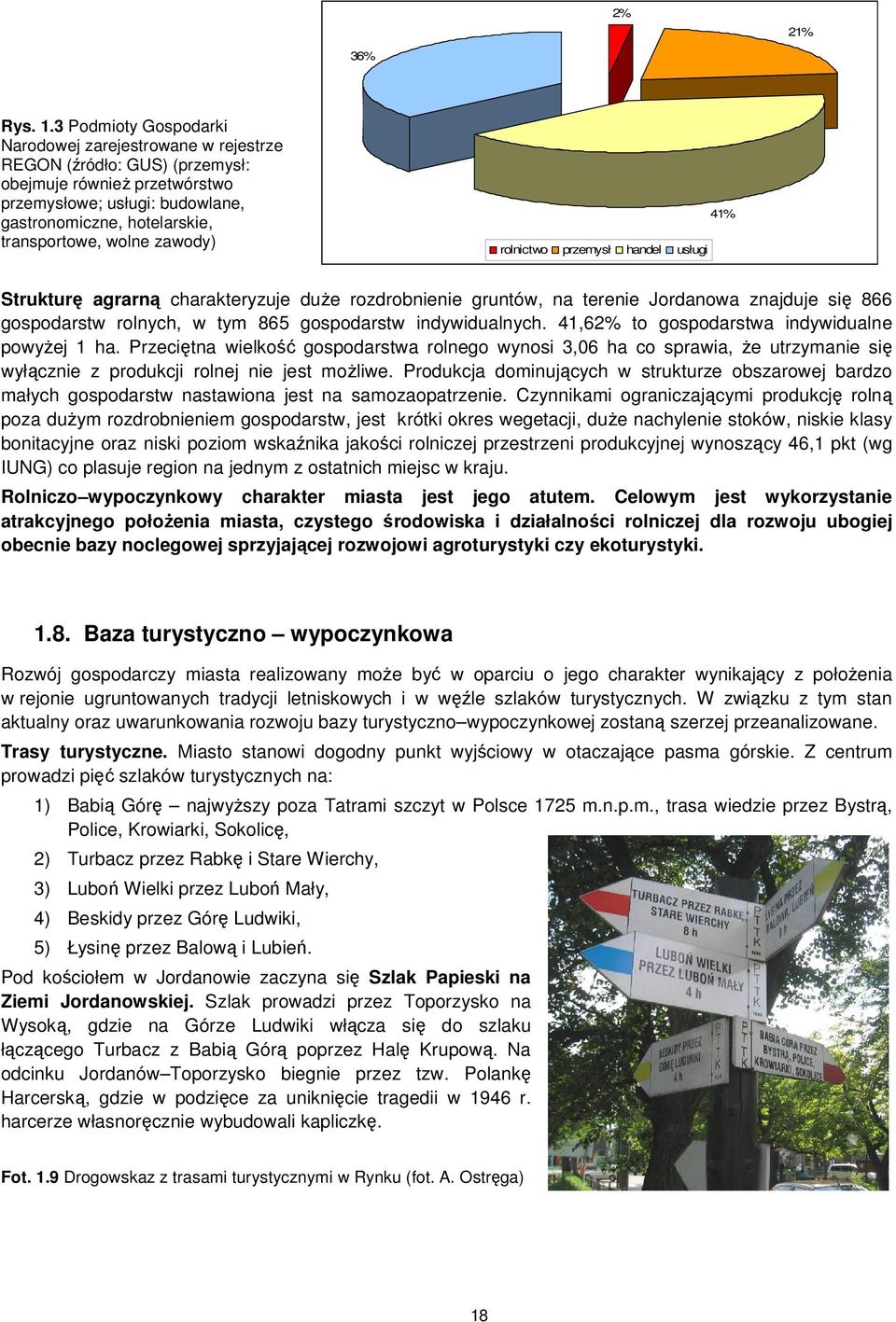 wolne zawody) rolnictwo przemysł handel usługi 41% Strukturę agrarną charakteryzuje duże rozdrobnienie gruntów, na terenie Jordanowa znajduje się 866 gospodarstw rolnych, w tym 865 gospodarstw