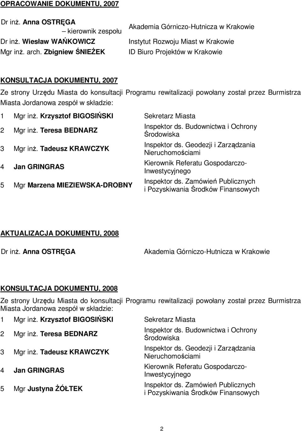 rewitalizacji powołany został przez Burmistrza Miasta Jordanowa zespół w składzie: 1 Mgr inż. Krzysztof BIGOSIŃSKI Sekretarz Miasta 2 Mgr inż. Teresa BEDNARZ 3 Mgr inż.