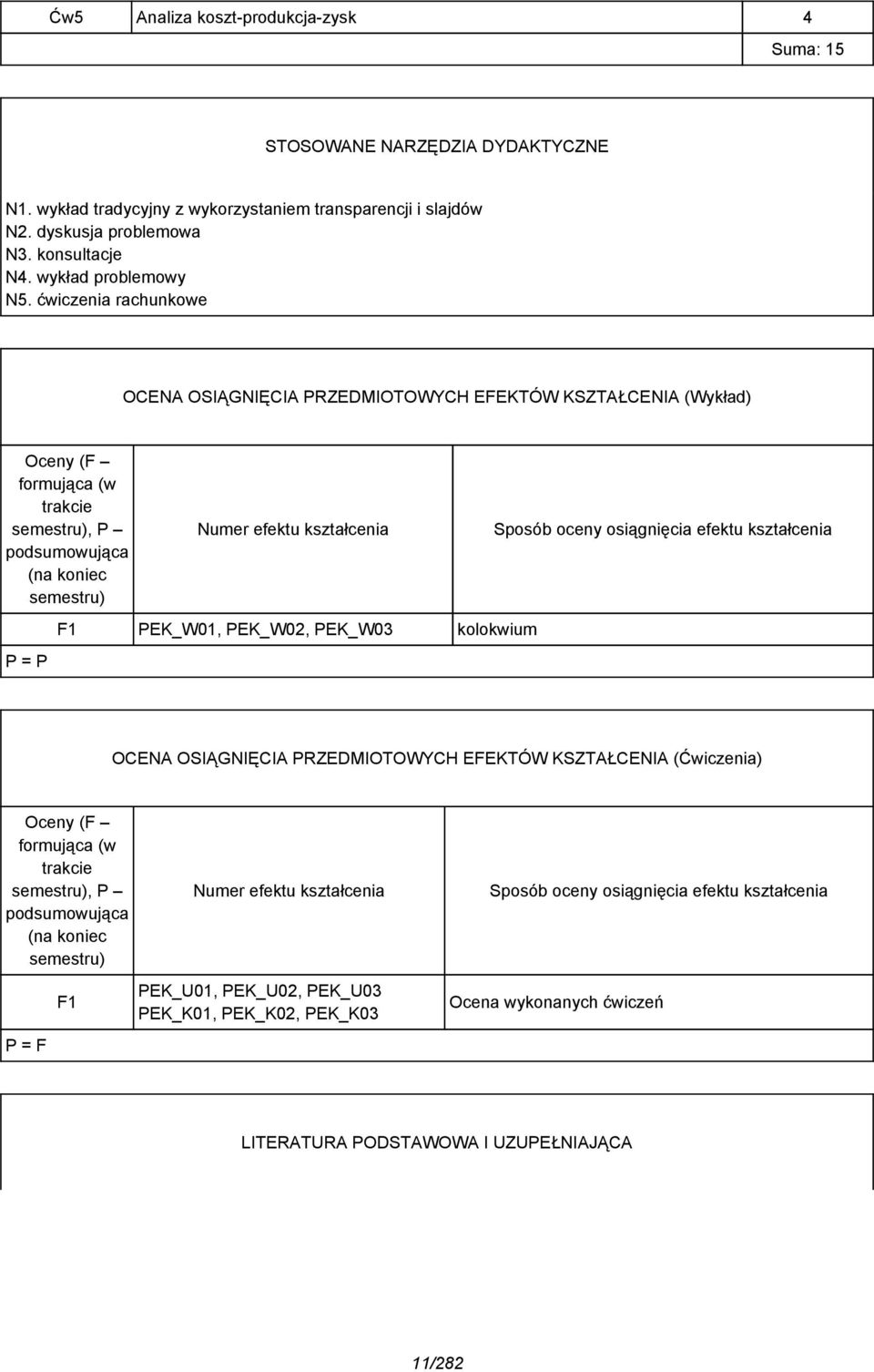 ćwiczenia rachunkowe OCENA OSIĄGNIĘCIA PRZEDMIOTOWYCH EFEKTÓW KSZTAŁCENIA (Wykład) Oceny (F formująca (w trakcie semestru), P podsumowująca (na koniec semestru) Numer efektu kształcenia Sposób oceny