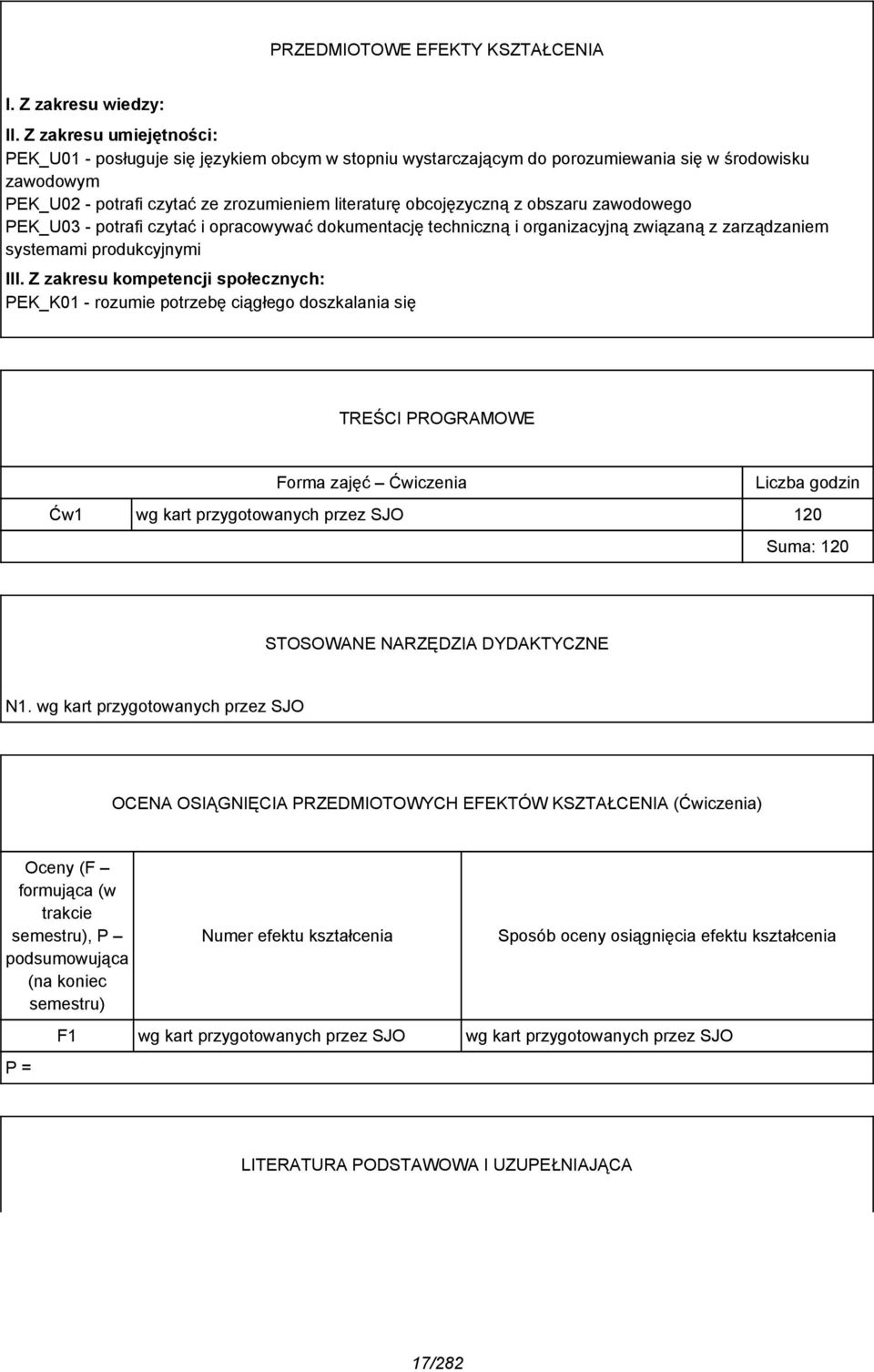 obszaru zawodowego PEK_U03 - potrafi czytać i opracowywać dokumentację techniczną i organizacyjną związaną z zarządzaniem systemami produkcyjnymi III.