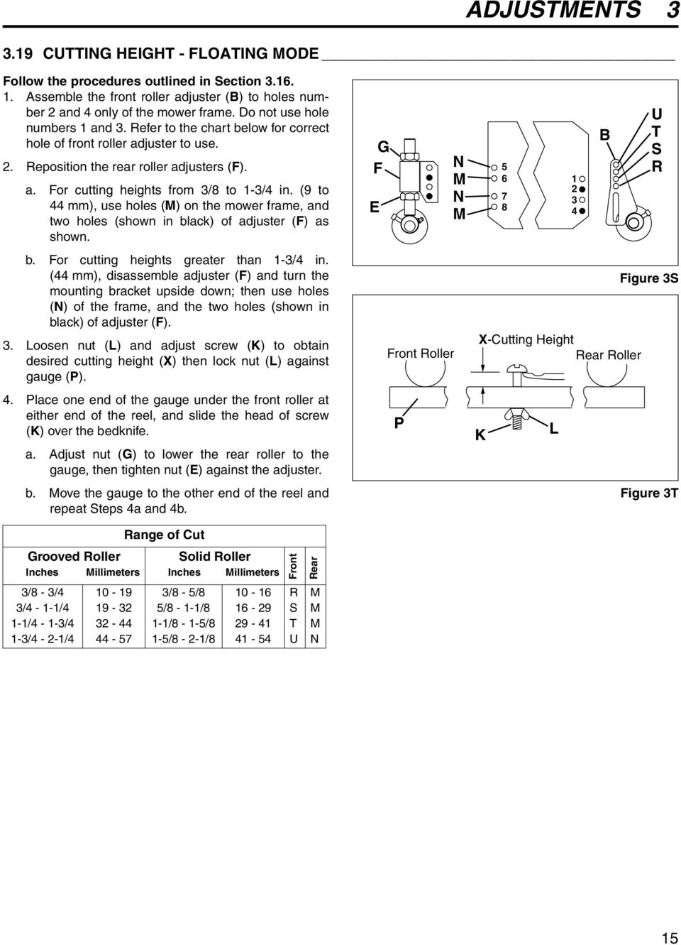 (9 to mm), use holes (M) on the mower frame, and two holes (shown in black) of adjuster (F) as shown. b. For cutting heights greater than 1-/ in.