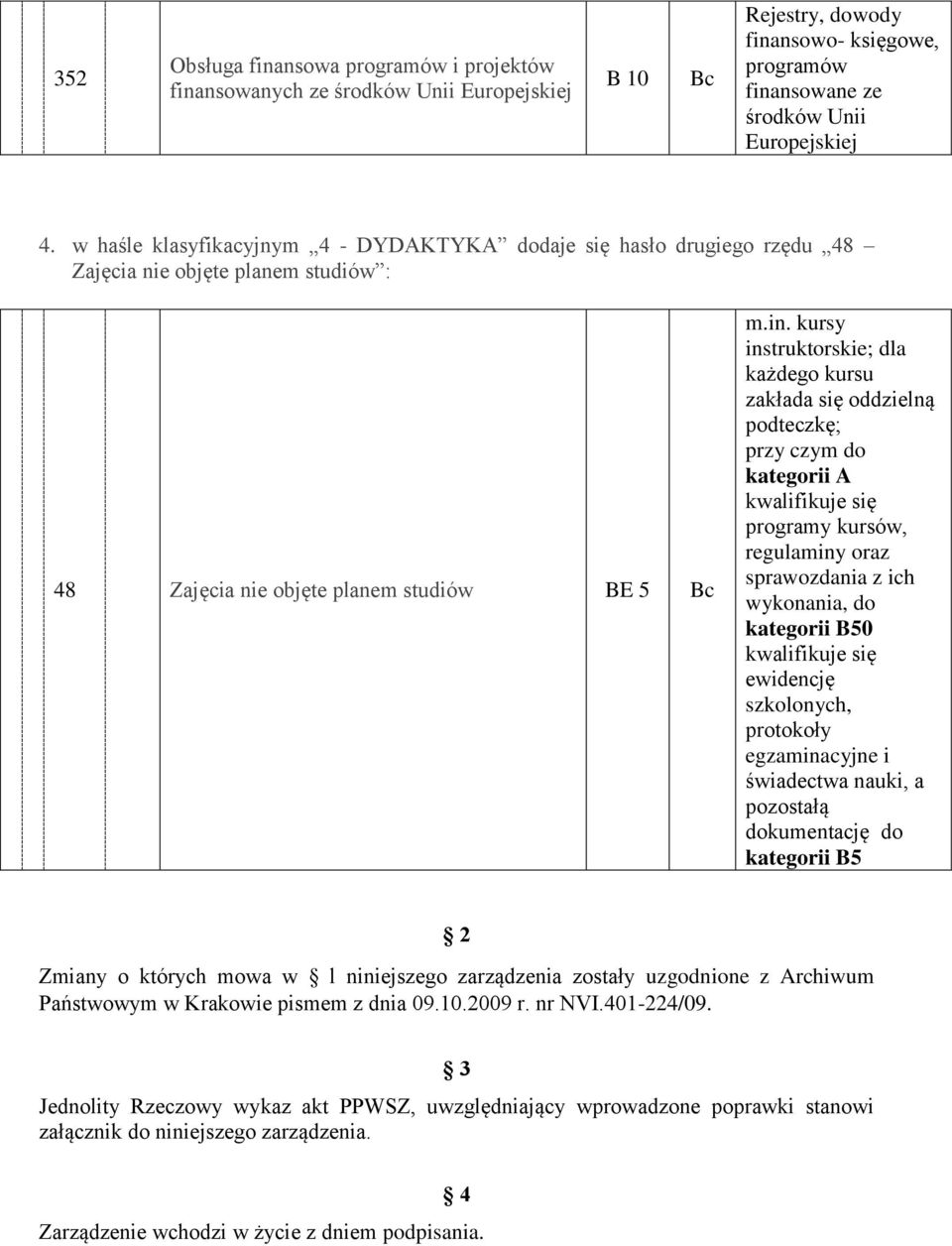 kursy instruktorskie; dla każdego kursu zakłada się oddzielną podteczkę; przy czym do kategorii kwalifikuje się programy kursów, regulaminy oraz sprawozdania z ich wykonania, do kategorii 0