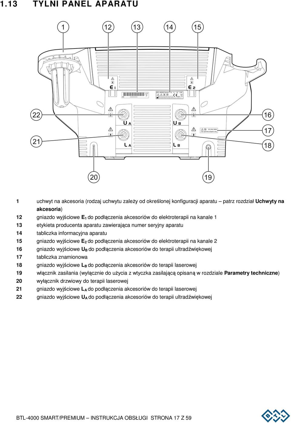 kanale 2 16 gniazdo wyjściowe U B do podłączenia akcesoriów do terapii ultradźwiękowej 17 tabliczka znamionowa 18 gniazdo wyjściowe L B do podłączenia akcesoriów do terapii laserowej 19 włącznik
