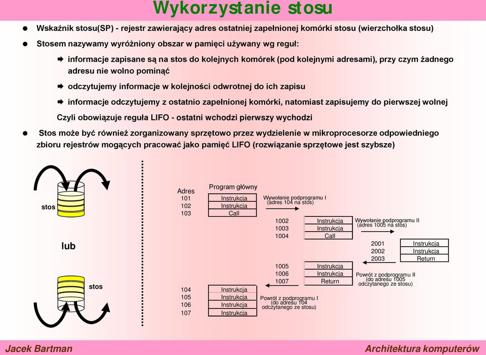 ostatnio zapełnionej komórki, natomiast zapisujemy do pierwszej wolnej Czyli obowiązuje reguła LIFO - ostatni wchodzi pierwszy wychodzi Stos może być również zorganizowany sprzętowo przez wydzielenie