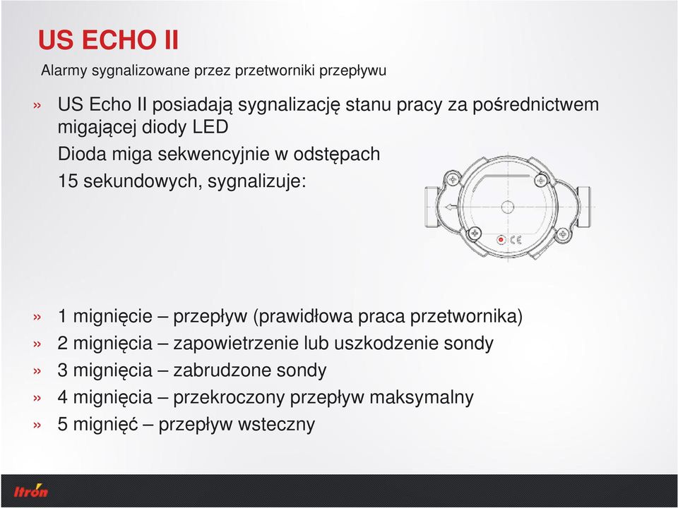 sygnalizuje:» 1 mignięcie przepływ (prawidłowa praca przetwornika)» 2 mignięcia zapowietrzenie lub