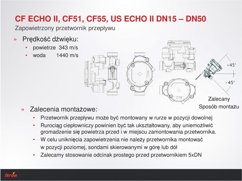 uniemożliwić gromadzenie się powietrza przed i w miejscu zamontowania przetwornika.