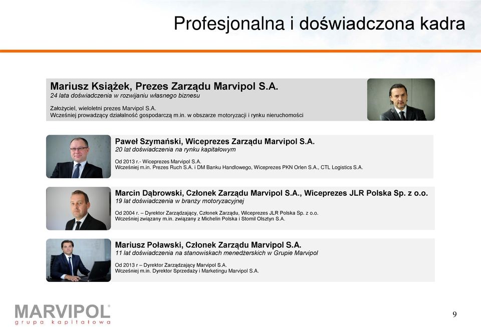 A. i DM Banku Handlowego, Wiceprezes PKN Orlen S.A., CTL Logistics S.A. Marcin Dąbrowski, Członek Zarządu Marvipol S.A., Wiceprezes JLR Polska Sp. z o.o. 19 lat doświadczenia w branży motoryzacyjnej Od 24 r.