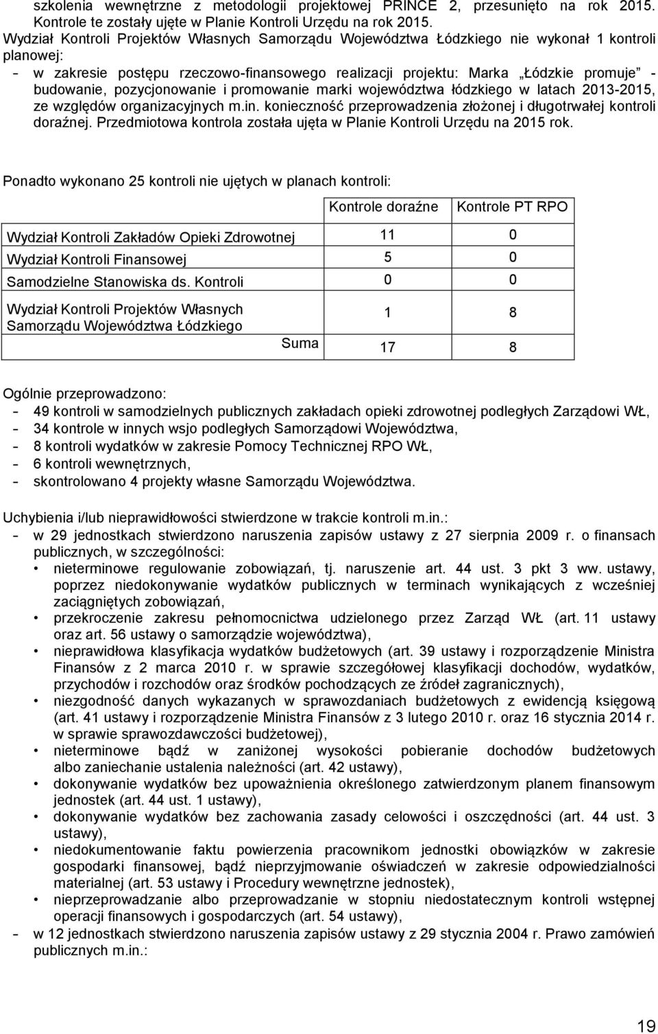 pozycjonowanie i promowanie marki województwa łódzkiego w latach 2013-2015, ze względów organizacyjnych m.in. konieczność przeprowadzenia złożonej i długotrwałej kontroli doraźnej.