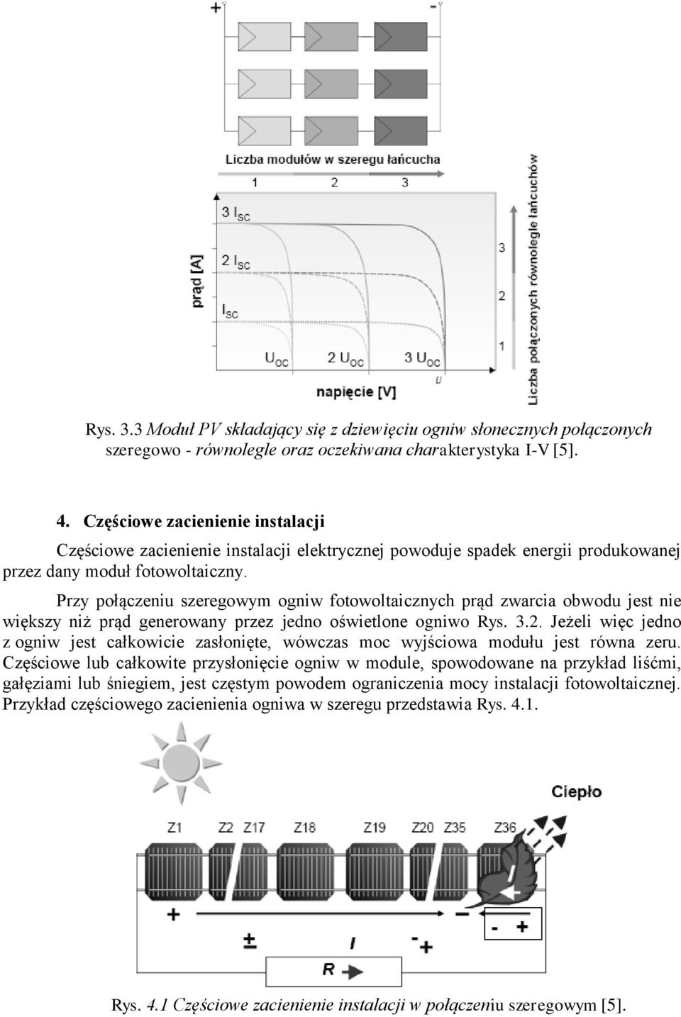 Przy połączeniu szeregowym ogniw fotowoltaicznych prąd zwarcia obwodu jest nie większy niż prąd generowany przez jedno oświetlone ogniwo Rys.