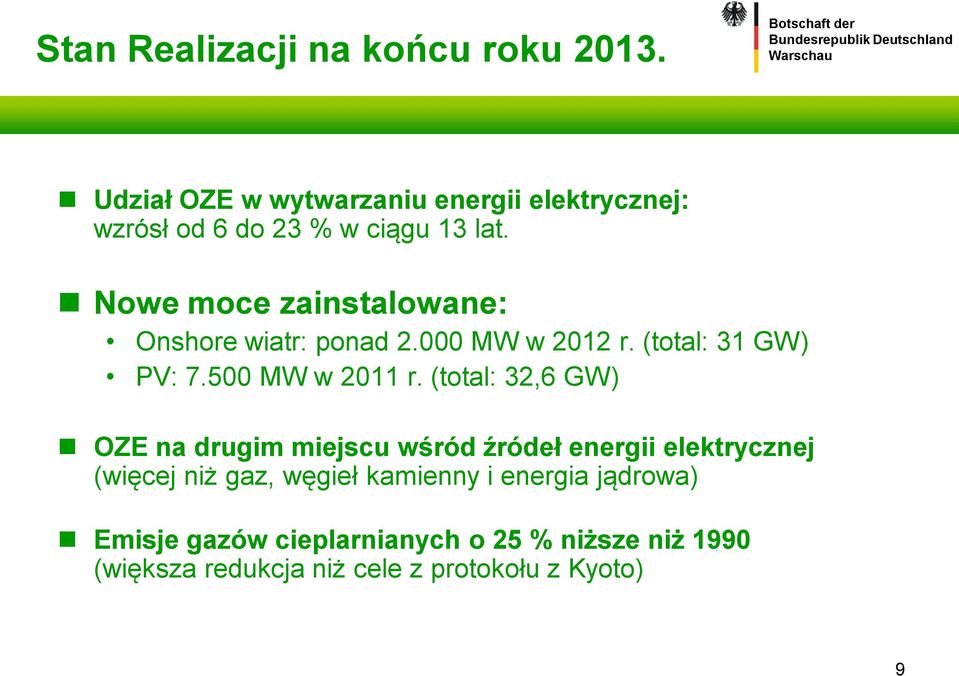 Nowe moce zainstalowane: Onshore wiatr: ponad 2.000 MW w 2012 r. (total: 31 GW) PV: 7.500 MW w 2011 r.