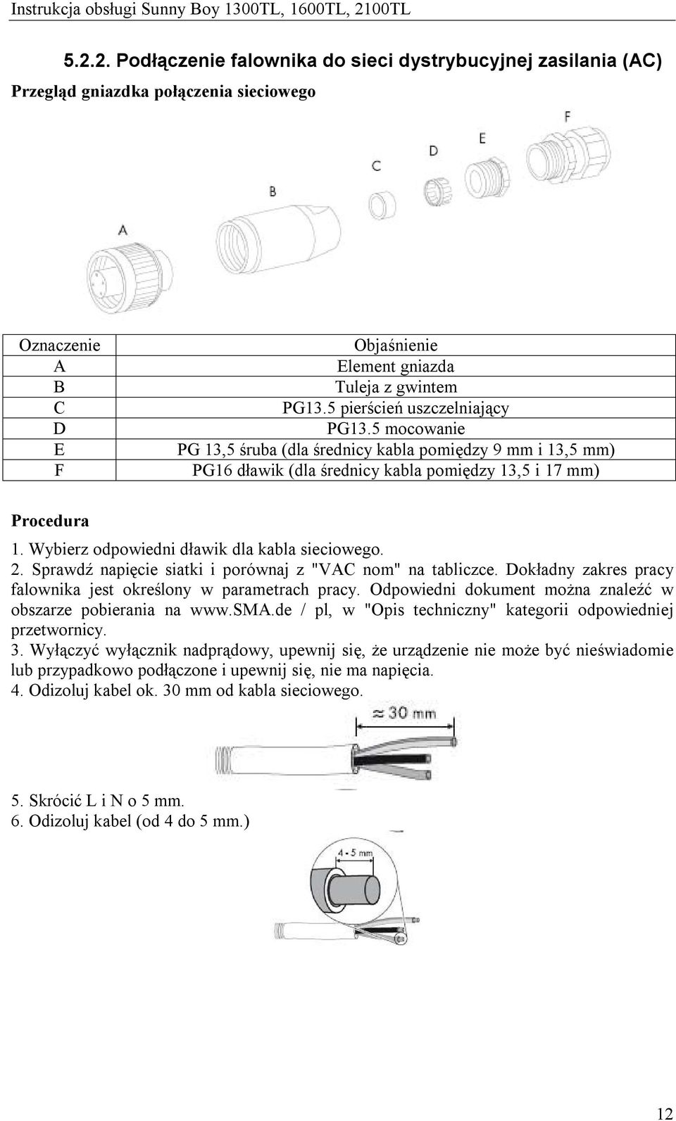 Wybierz odpowiedni dławik dla kabla sieciowego. 2. Sprawdź napięcie siatki i porównaj z "VAC nom" na tabliczce. Dokładny zakres pracy falownika jest określony w parametrach pracy.